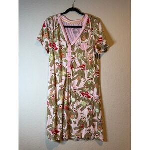 Nick & Nora Sock Monkey Nightgown Pink V-Neck Cotton Blend Sleepwear Small